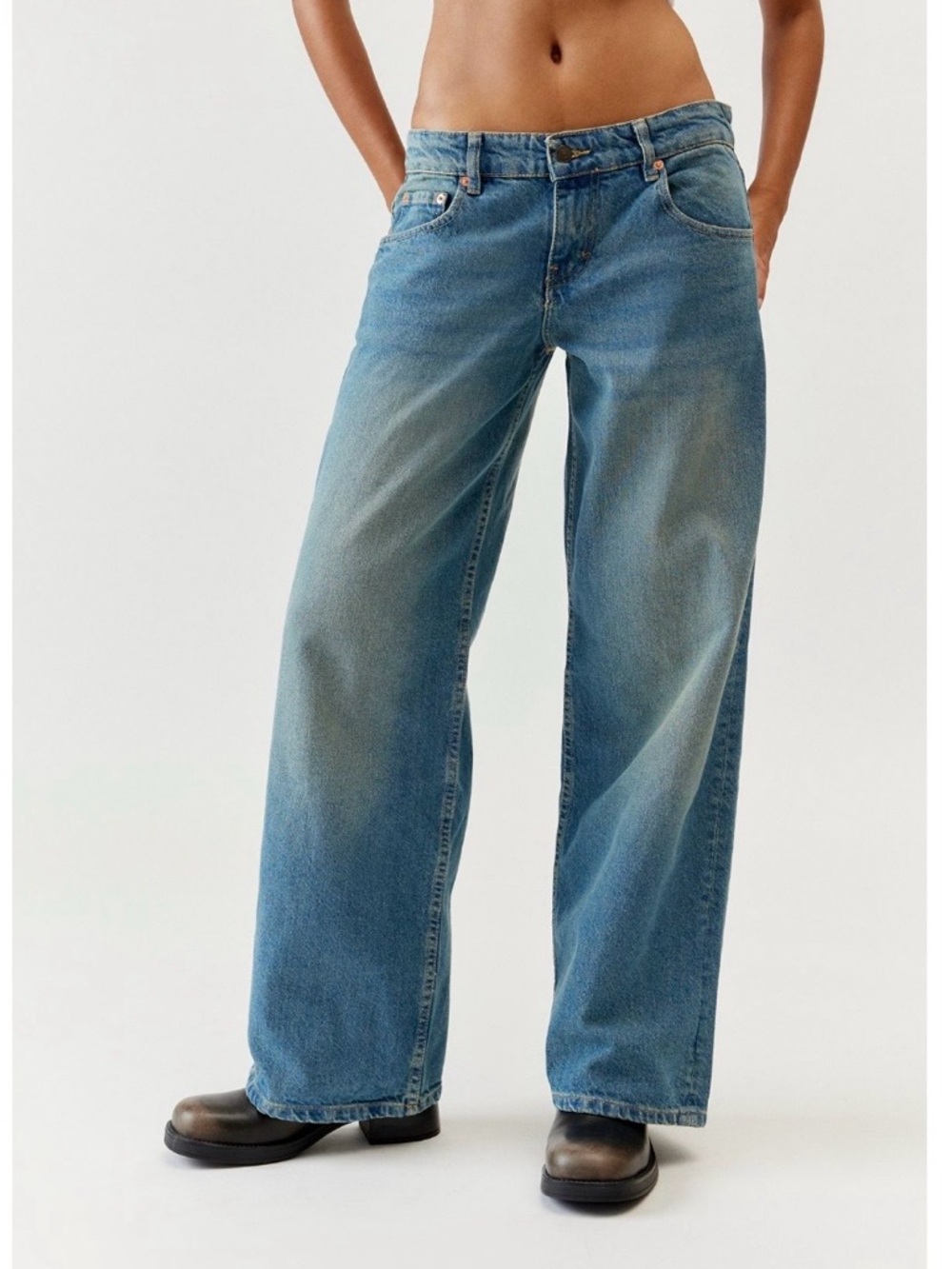 Motel Rocks Relaxed Wide-Leg Jeans - Vintage Blue Green - W30 L32